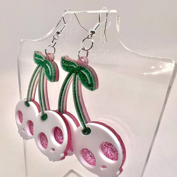 Cherry Skull Earrings - Summer Earrings - Goth Earrings - Statement Earrings - Picture 4 of 10